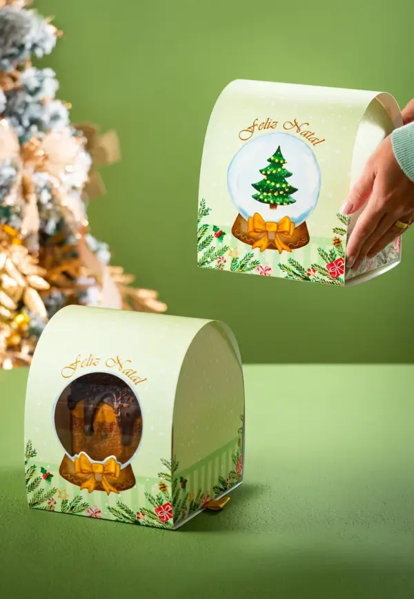 Caixa para panetone 500g, GLOBO DE NEVE, pacote com 10 unidades