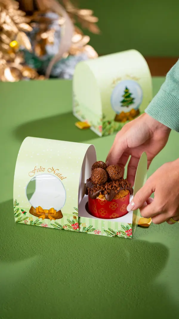 Caixa para mini panetone 100g, GLOBO DE NEVE, pacote com 10 unidades