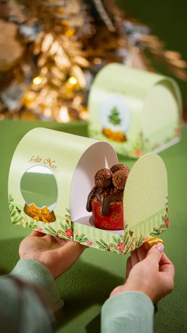 Caixa para mini panetone 100g, GLOBO DE NEVE, pacote com 10 unidades