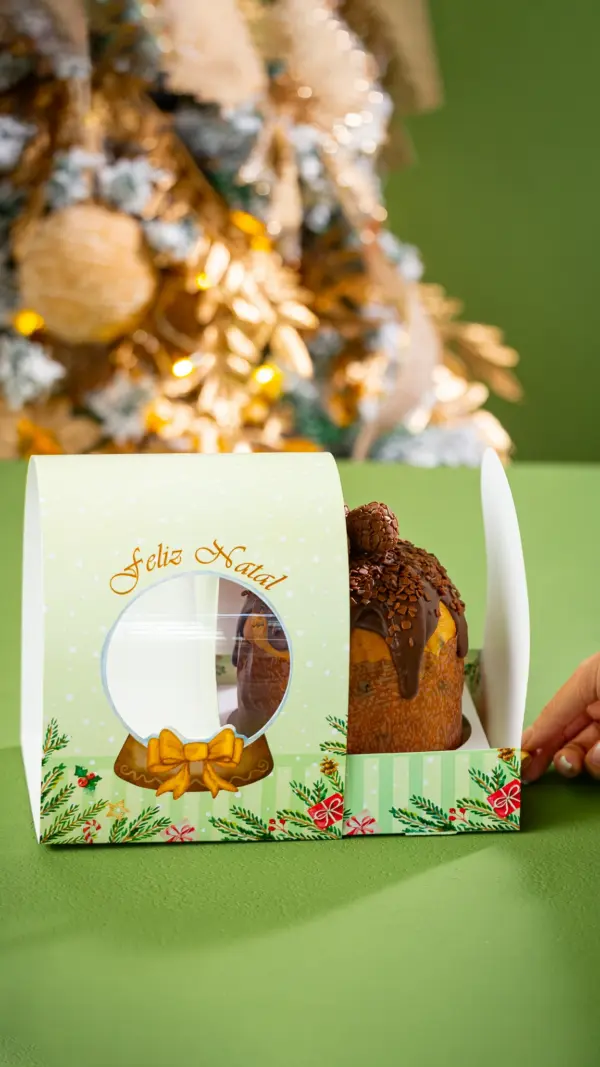 Caixa para panetone 500g, GLOBO DE NEVE, pacote com 10 unidades