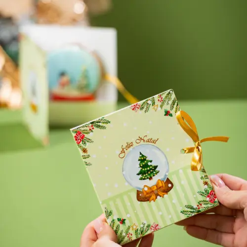 Cartão para biscoito ou barrinha, GLOBO DE NEVE, pacote com 10 unidades