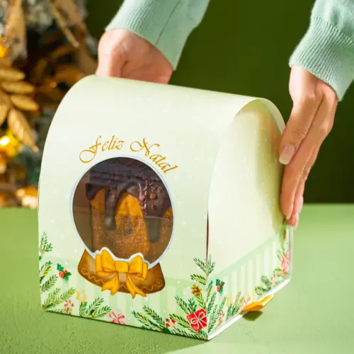 Caixa para panetone 500g, GLOBO DE NEVE, pacote com 10 unidades