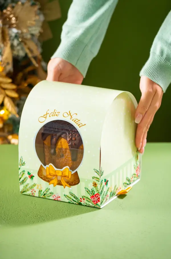 Caixa para panetone 500g, GLOBO DE NEVE, pacote com 10 unidades