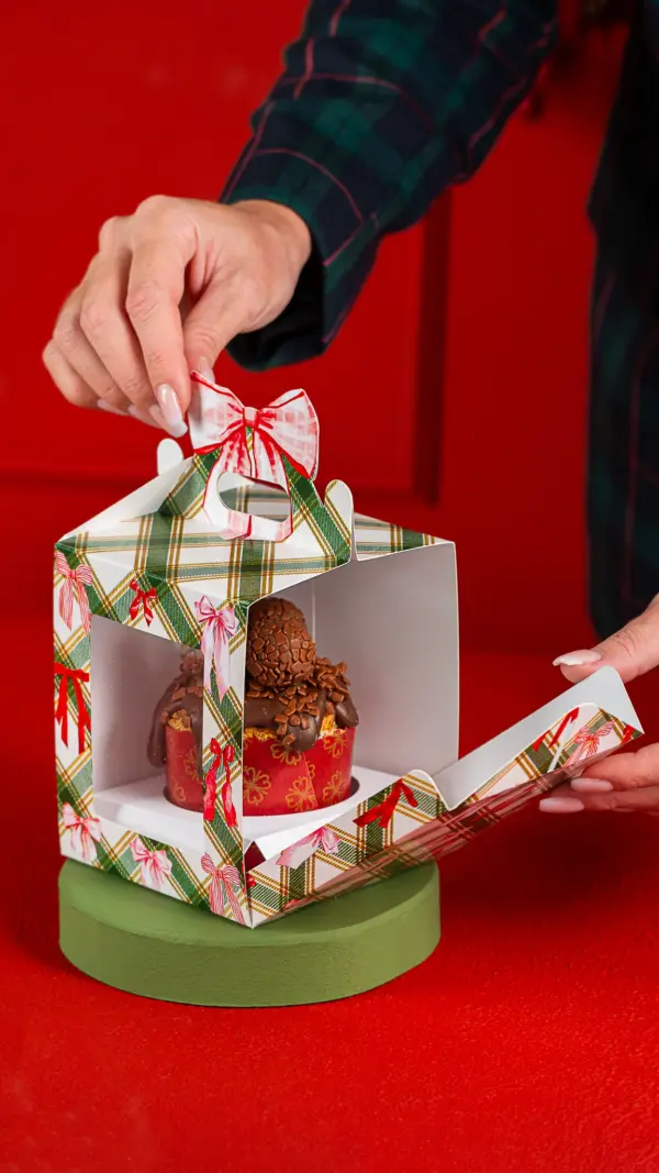 Caixa para mini panetone 100g, LAÇOS, pacote com 10 unidades